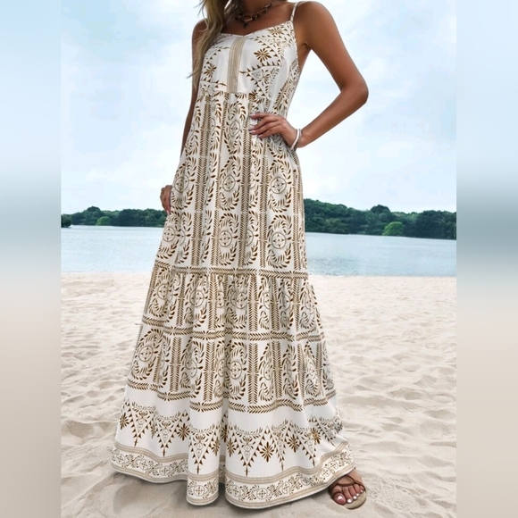 New Boho Tribal Print Flowy Maxi Slip Dress Cami Brown Tan White - Picture 3 of 6
